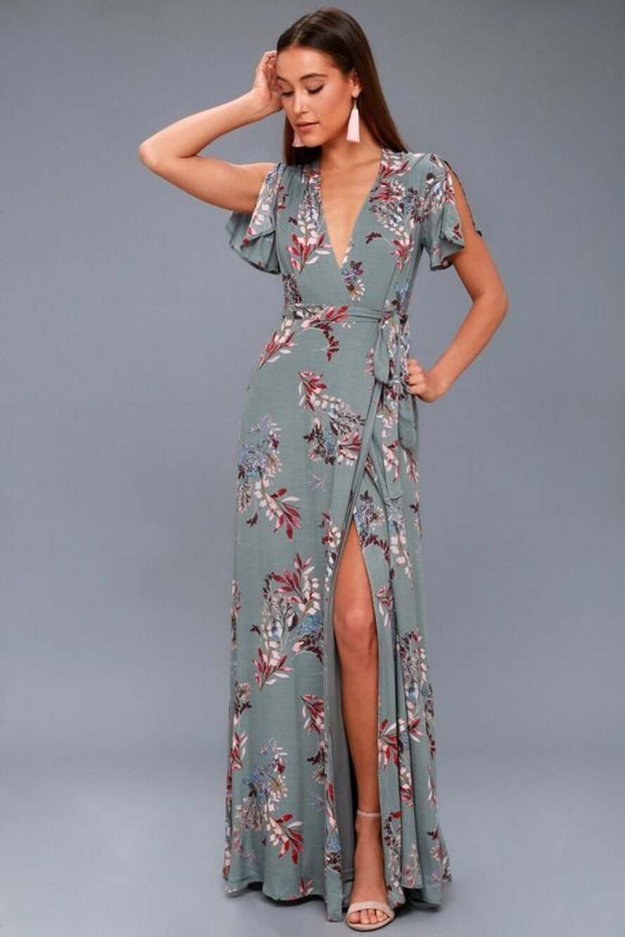 Lulus Fiorire Slate Blue Floral Print Wrap Maxi Dress Romantic Wedding Guest